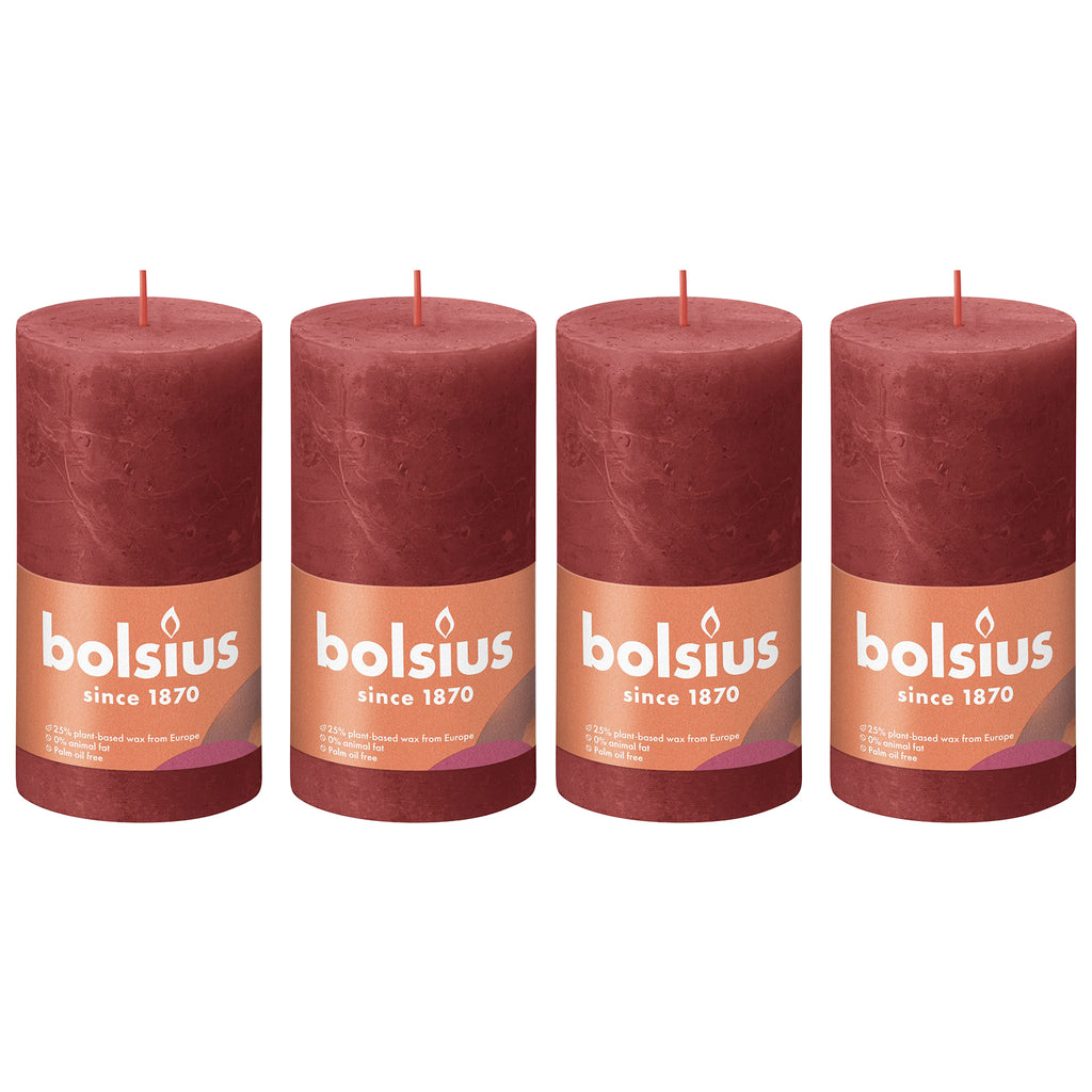 4er-Set Stumpenkerze - Höhe 13 cm - Durchmesser 6,8 cm - Rustik - Zartes Rot