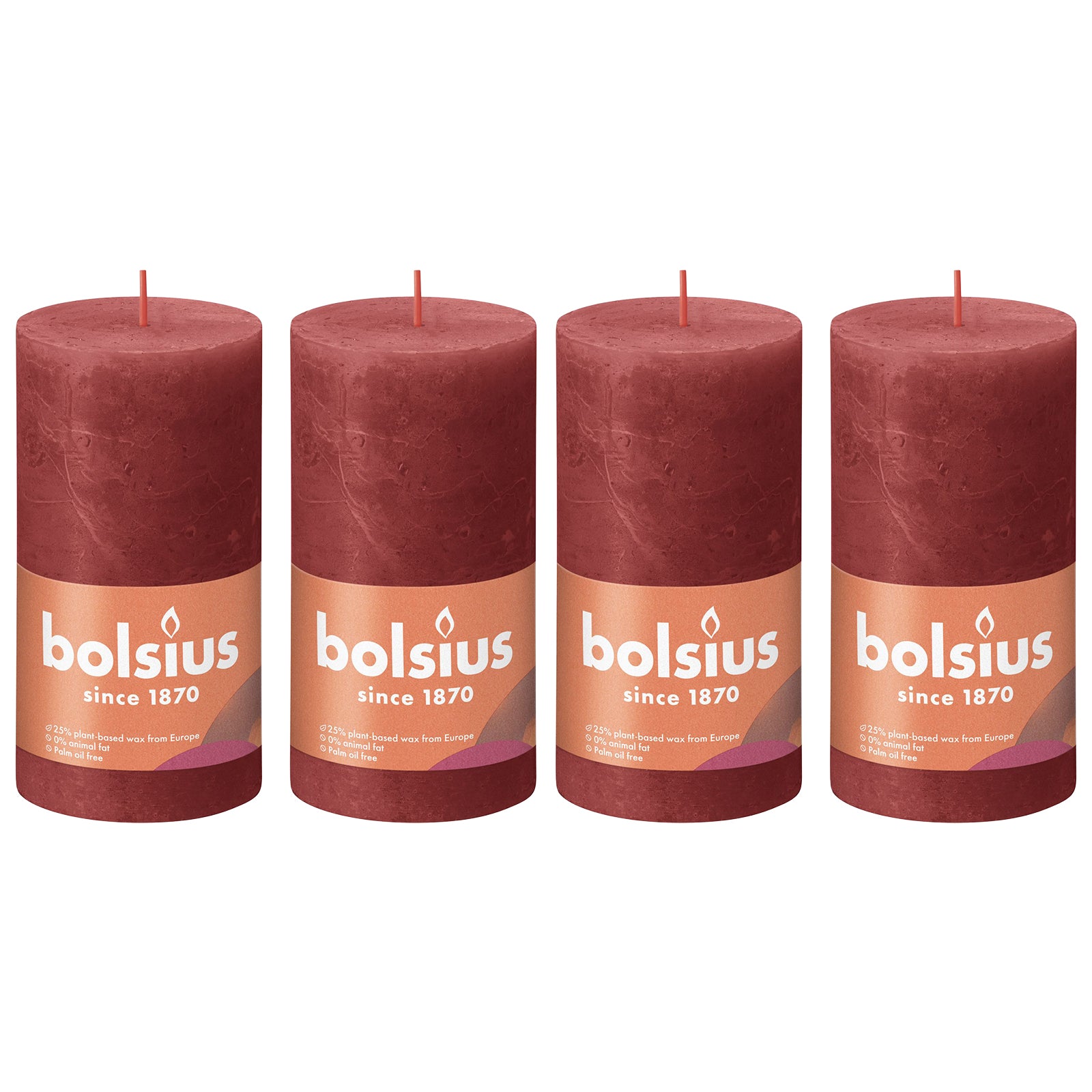 4er-Set Stumpenkerze - Höhe 13 cm - Durchmesser 6,8 cm - Rustik - Zartes Rot