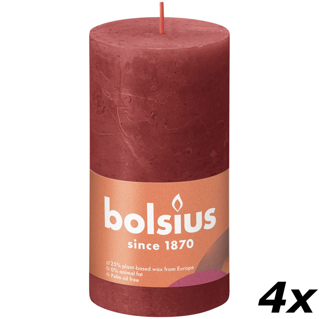 4er-Set Stumpenkerze - Höhe 13 cm - Durchmesser 6,8 cm - Rustik - Zartes Rot