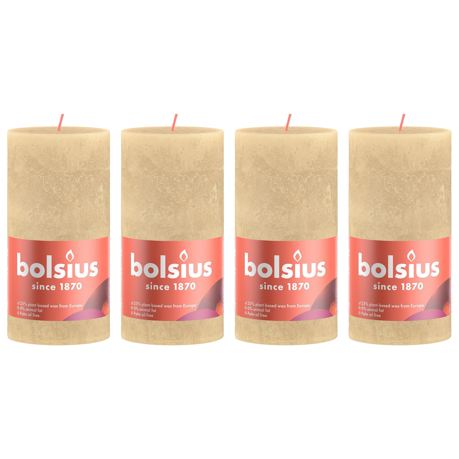 Lot de 4 bougies piliers - Hauteur 13 cm - Diamètre 6,8 cm - Style rustique - Beige avoine