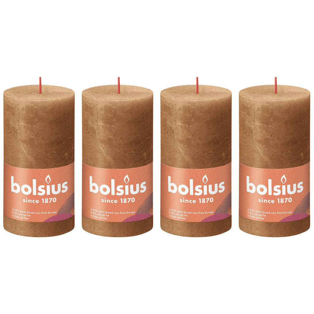 Lot de 4 bougies piliers - Hauteur 13 cm - Diamètre 6,8 cm - Style rustique - Brun épicé