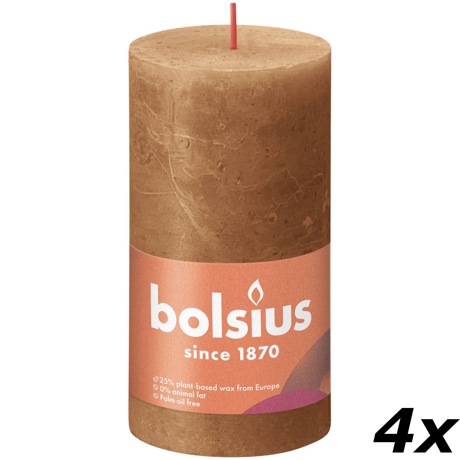 Lot de 4 bougies piliers - Hauteur 13 cm - Diamètre 6,8 cm - Style rustique - Brun épicé