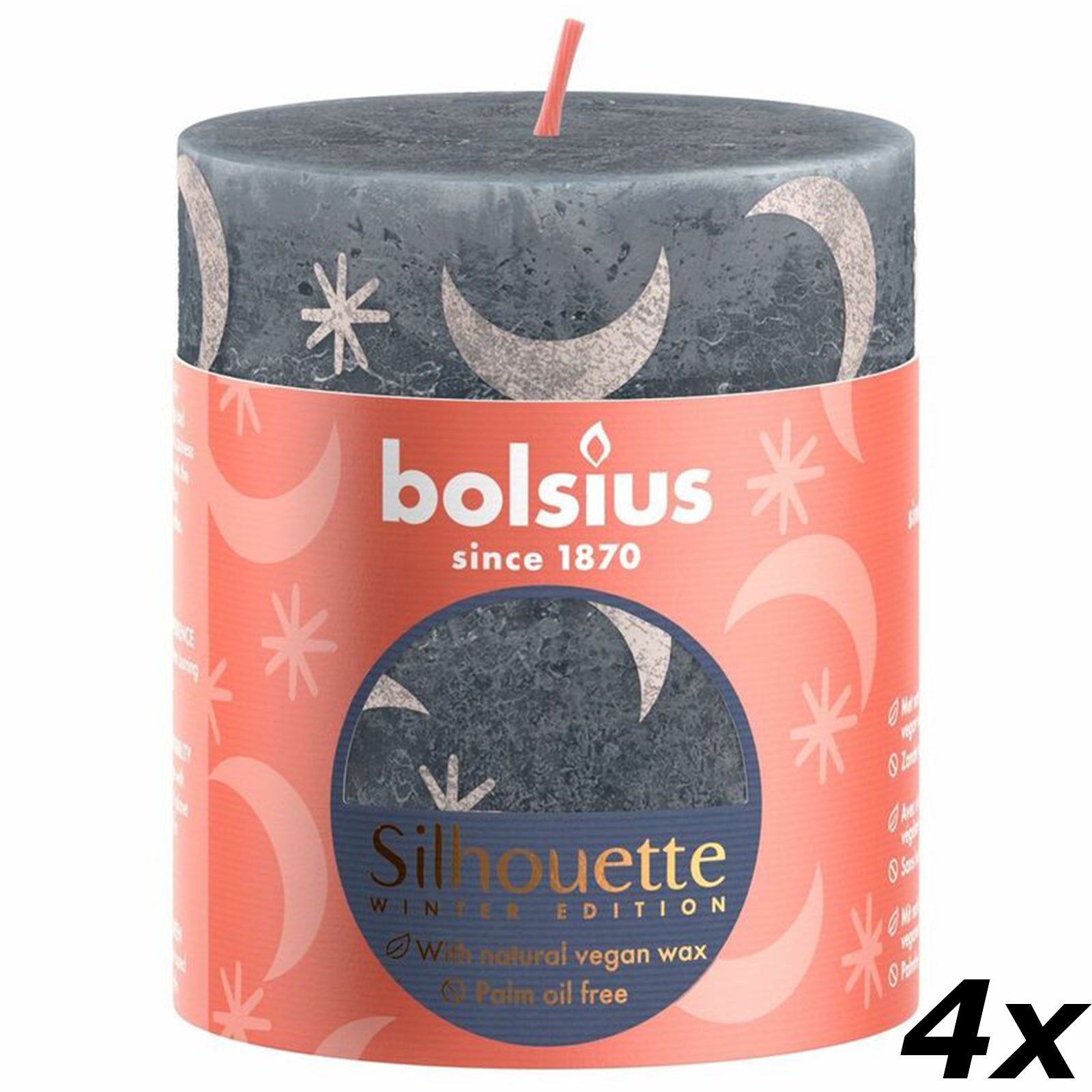 Ensemble de 4 bougies piliers - Hauteur 8 cm - Diamètre 6,8 cm - Motif rustique - Bleu ardoise - Lune