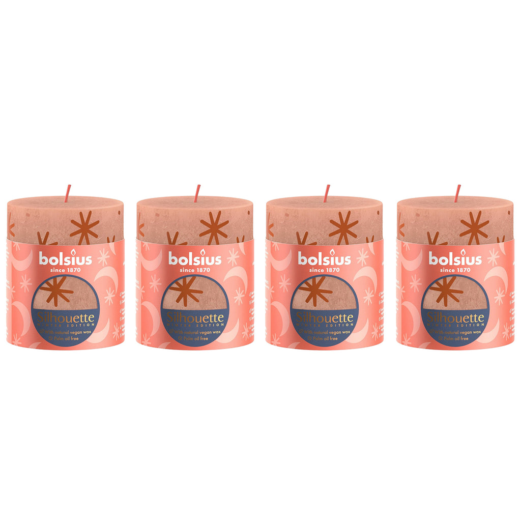 4er-Set Stumpenkerze - Höhe 8 cm - Durchmesser 6,8 cm - Rustik Print - Cremiges Caramel - Sterne