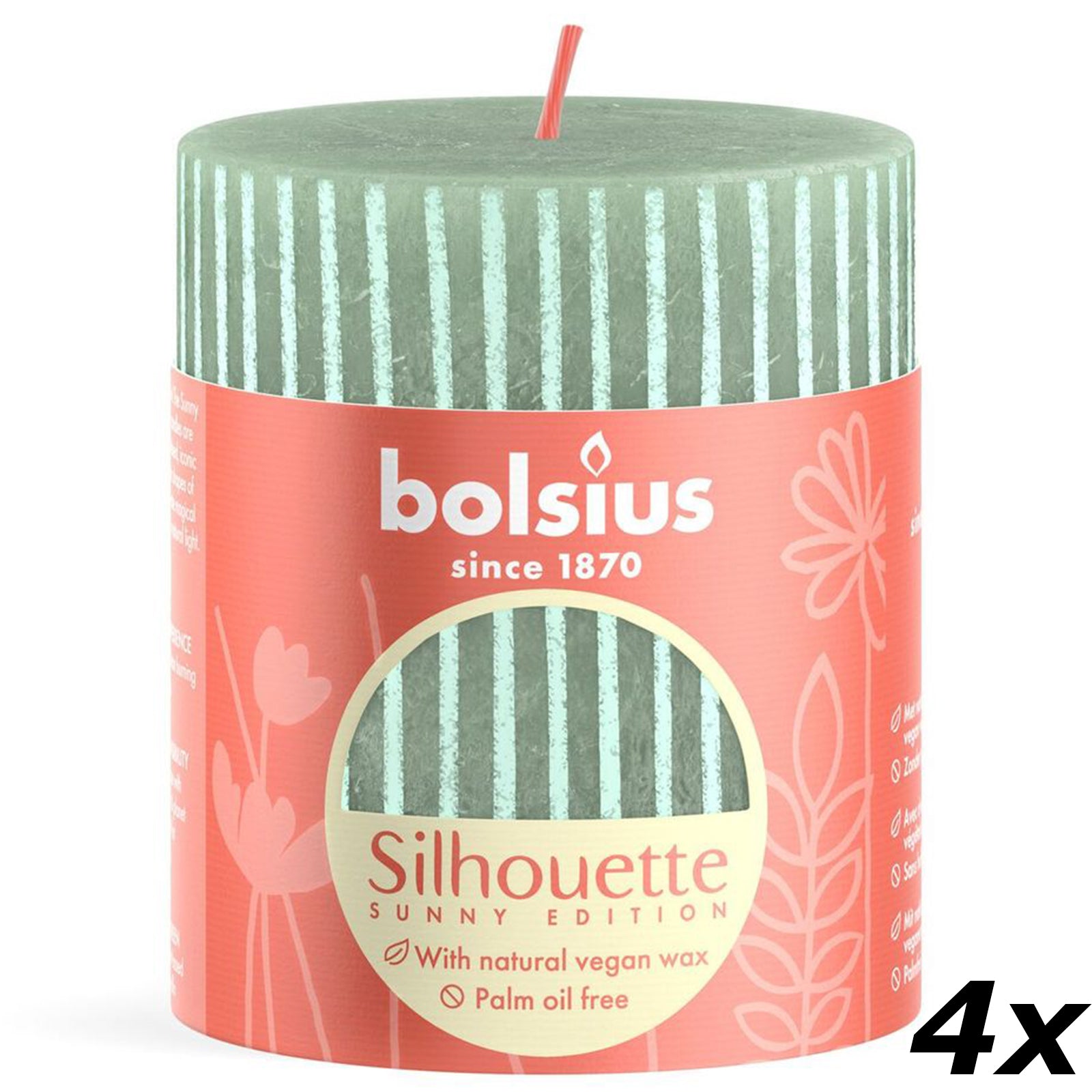 4er-Set Stumpenkerze - Höhe 8 cm - Durchmesser 6,8 cm - Rustik Print - Jade Grün - Welle