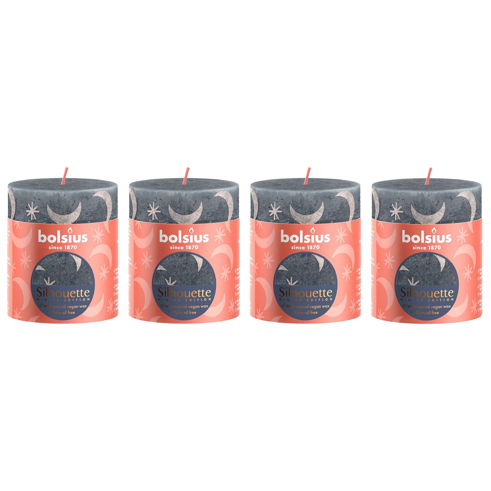 Set of 4 pillar candles - Height 8 cm - Diameter 6.8 cm - Rustic print - Slate blue - Moon