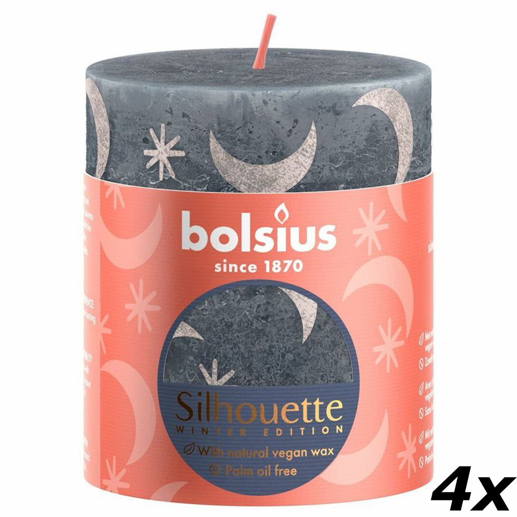 4er-Set Stumpenkerze - Höhe 8 cm - Durchmesser 6,8 cm - Rustik Print - Schieferblau - Mond