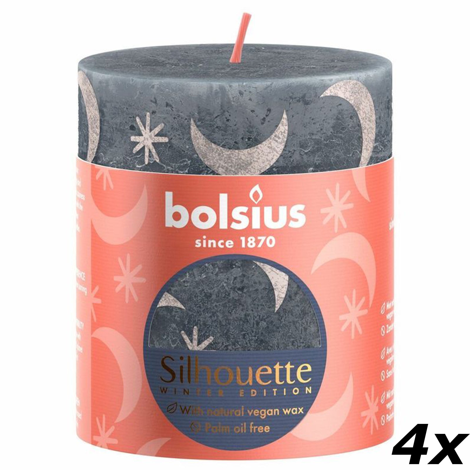 4er-Set Stumpenkerze - Höhe 8 cm - Durchmesser 6,8 cm - Rustik Print - Schieferblau - Mond