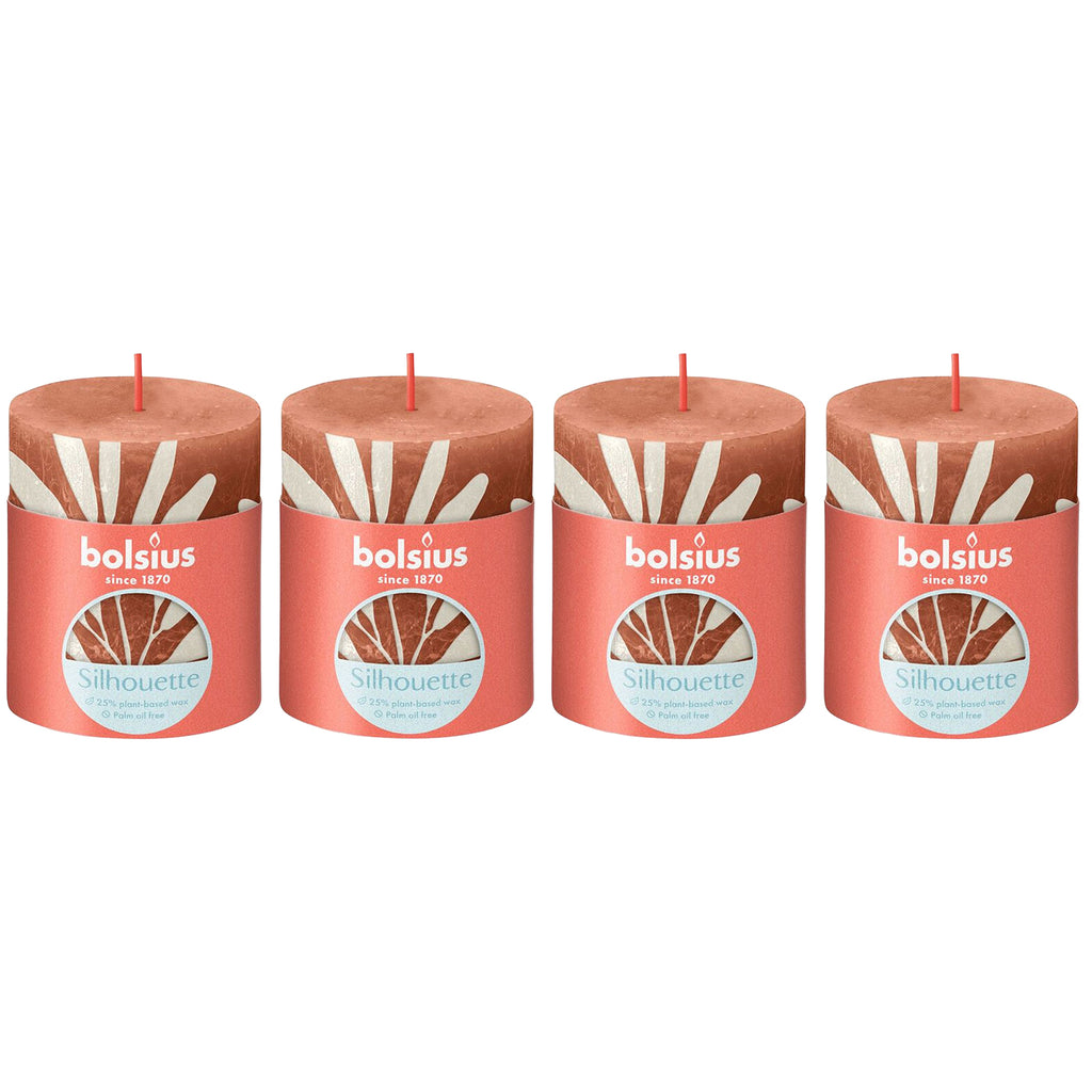 4er-Set Stumpenkerze - Höhe 8 cm - Durchmesser 6,8 cm - Rustik Print - Rostiges Rosa - Salbei