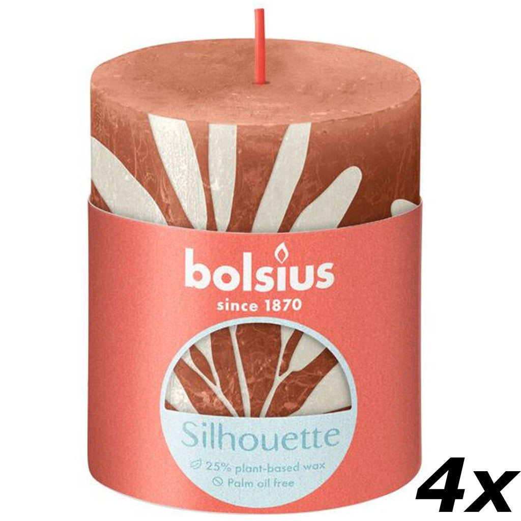 4er-Set Stumpenkerze - Höhe 8 cm - Durchmesser 6,8 cm - Rustik Print - Rostiges Rosa - Salbei