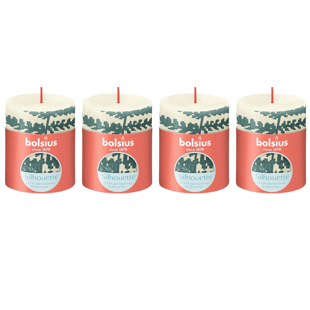 4er-Set Stumpenkerze - Höhe 8 cm - Durchmesser 6,8 cm - Rustik Print - Weiche Perle - Farn