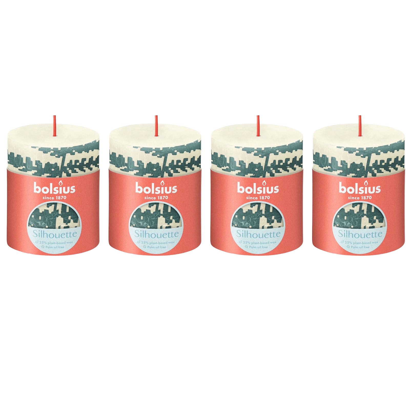 4er-Set Stumpenkerze - Höhe 8 cm - Durchmesser 6,8 cm - Rustik Print - Weiche Perle - Farn