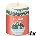 4er-Set Stumpenkerze - Höhe 8 cm - Durchmesser 6,8 cm - Rustik Print - Weiche Perle - Farn