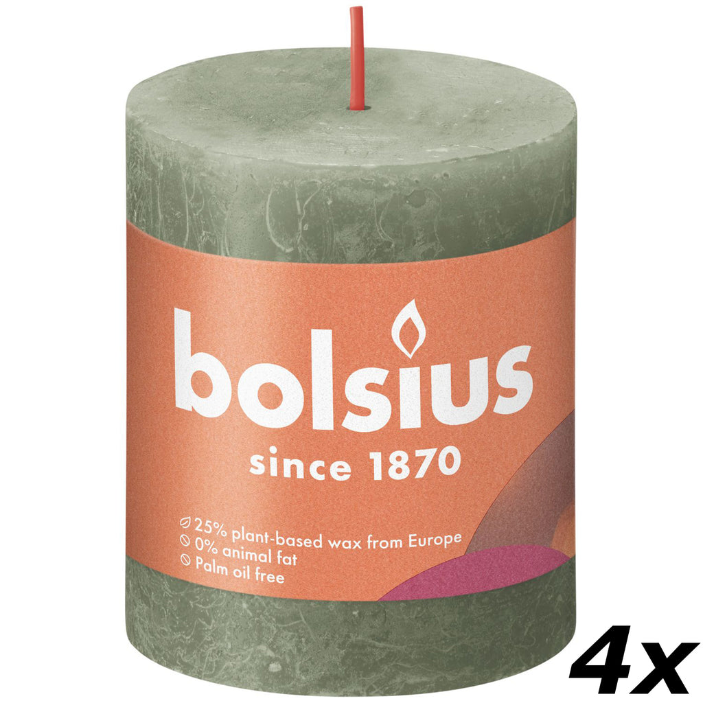 4er-Set Stumpenkerze - Höhe 8 cm - Durchmesser 6,8 cm - Rustik - Olivgrün