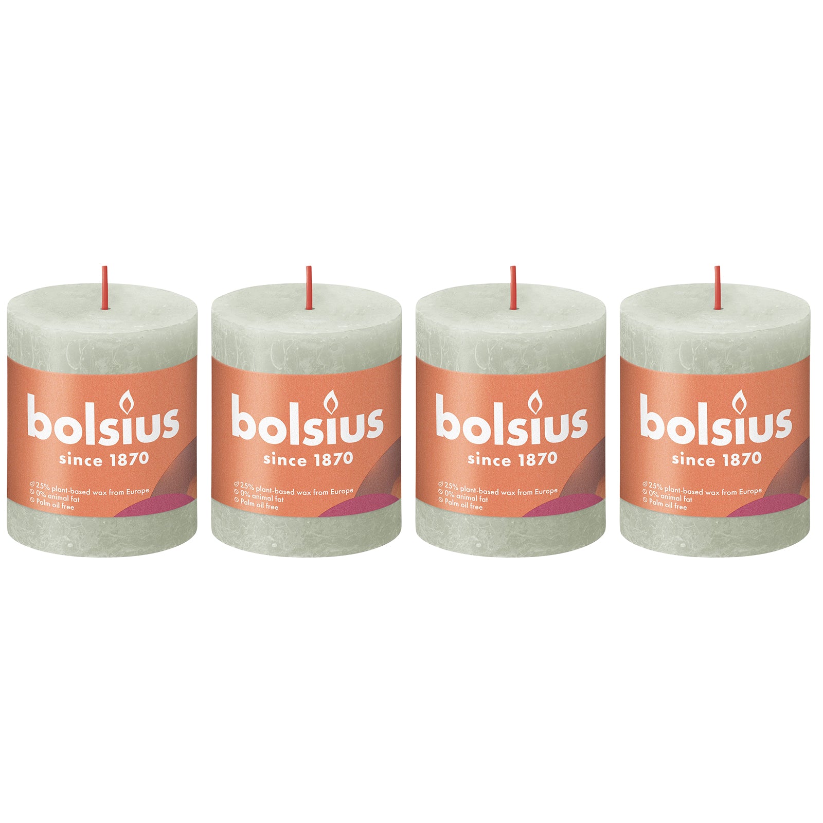 Lot de 4 bougies piliers - Hauteur 8 cm - Diamètre 6,8 cm - Style rustique - Vert brumeux