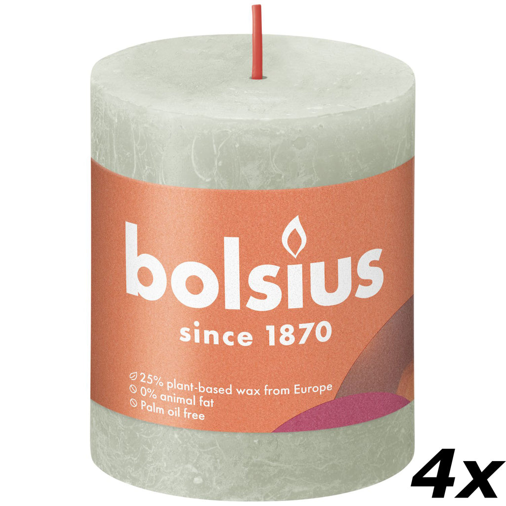 Lot de 4 bougies piliers - Hauteur 8 cm - Diamètre 6,8 cm - Style rustique - Vert brumeux