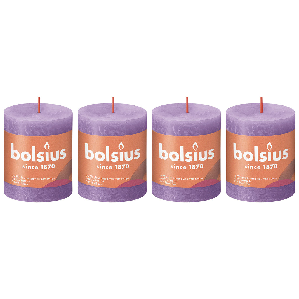 Set of 4 pillar candles - Height 8 cm - Diameter 6.8 cm - Rustic - Flowering Violet