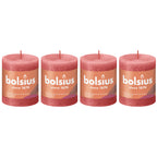 4er-Set Stumpenkerze - Höhe 8 cm - Durchmesser 6,8 cm - Rustik - Rosa Blüte