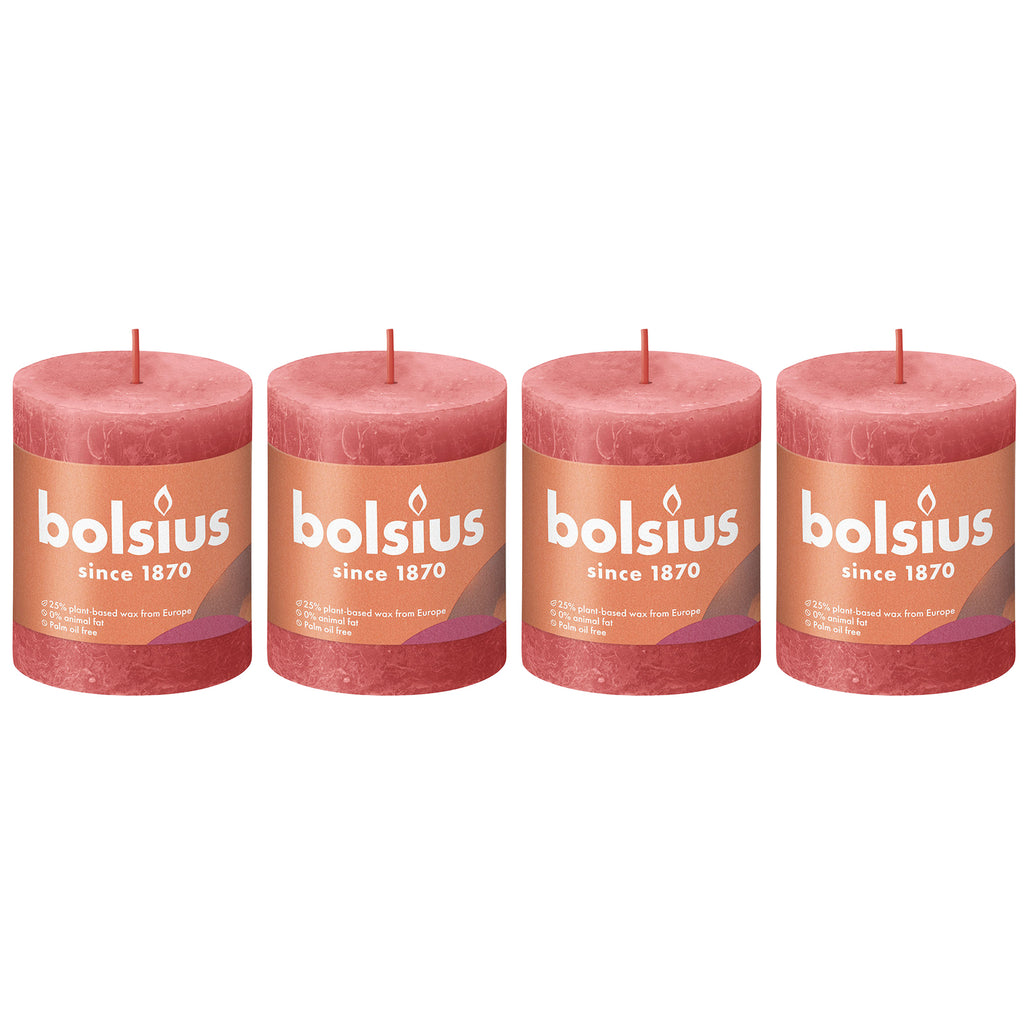Lot de 4 bougies piliers - Hauteur 8 cm - Diamètre 6,8 cm - Style rustique - Fleurs roses