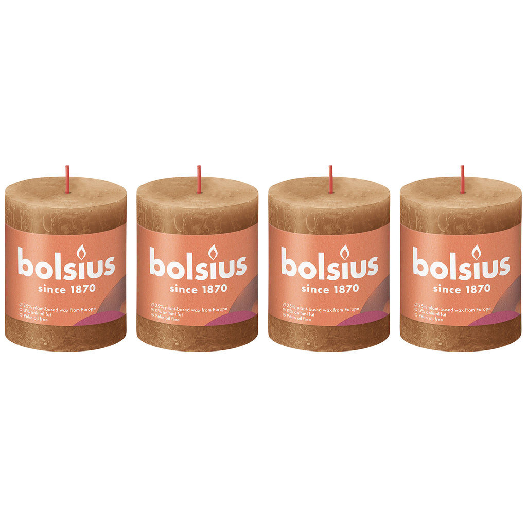 Lot de 4 bougies piliers - Hauteur 8 cm - Diamètre 6,8 cm - Style rustique - Brun épicé