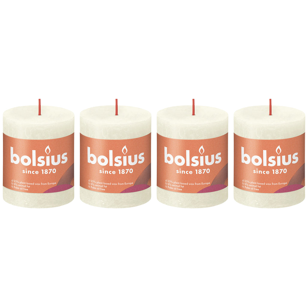 Lot de 4 bougies piliers - Hauteur 8 cm - Diamètre 6,8 cm - Style rustique - Couleur perle douce