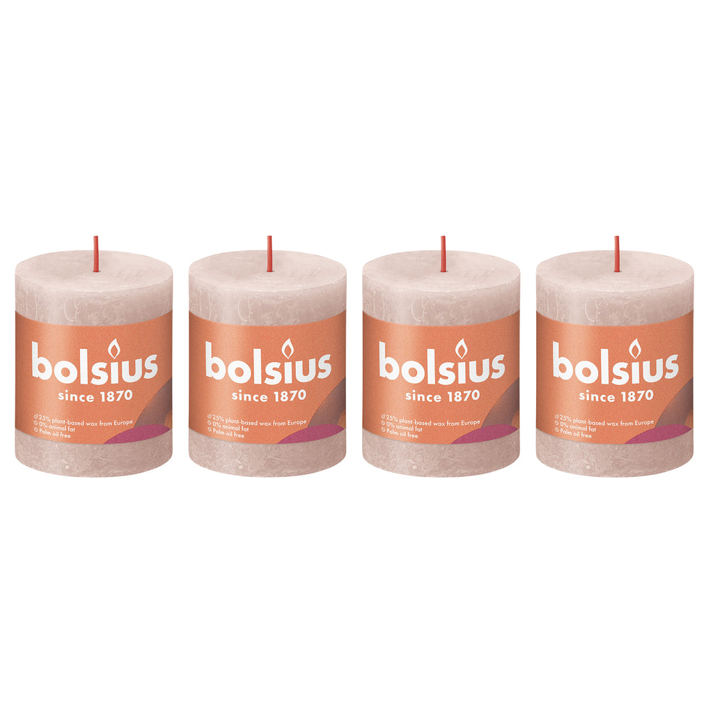 Lot de 4 bougies piliers - Hauteur 8 cm - Diamètre 6,8 cm - Style rustique - Rose brumeux