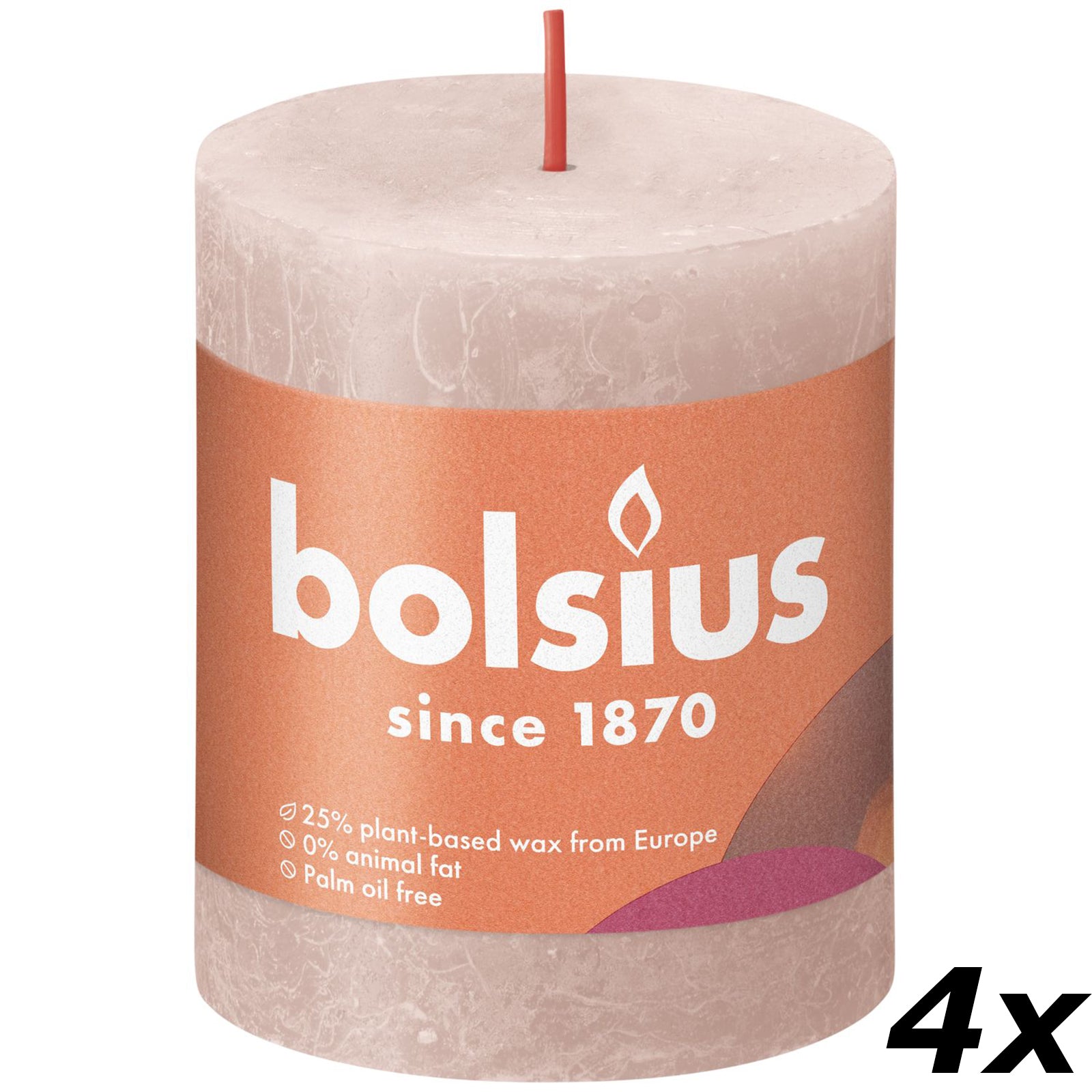 Lot de 4 bougies piliers - Hauteur 8 cm - Diamètre 6,8 cm - Style rustique - Rose brumeux