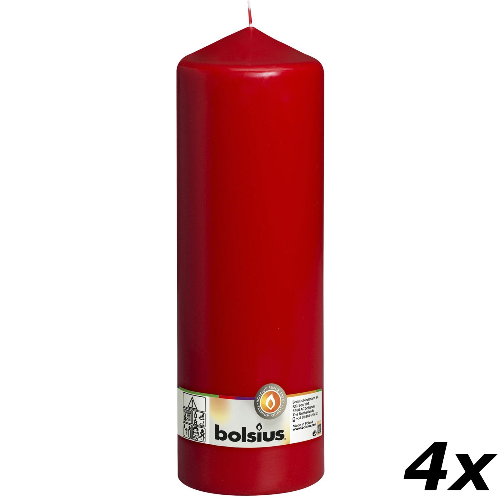 4er-Set Stumpenkerze - Höhe 30 cm - Durchmesser 9,8 cm - Rot