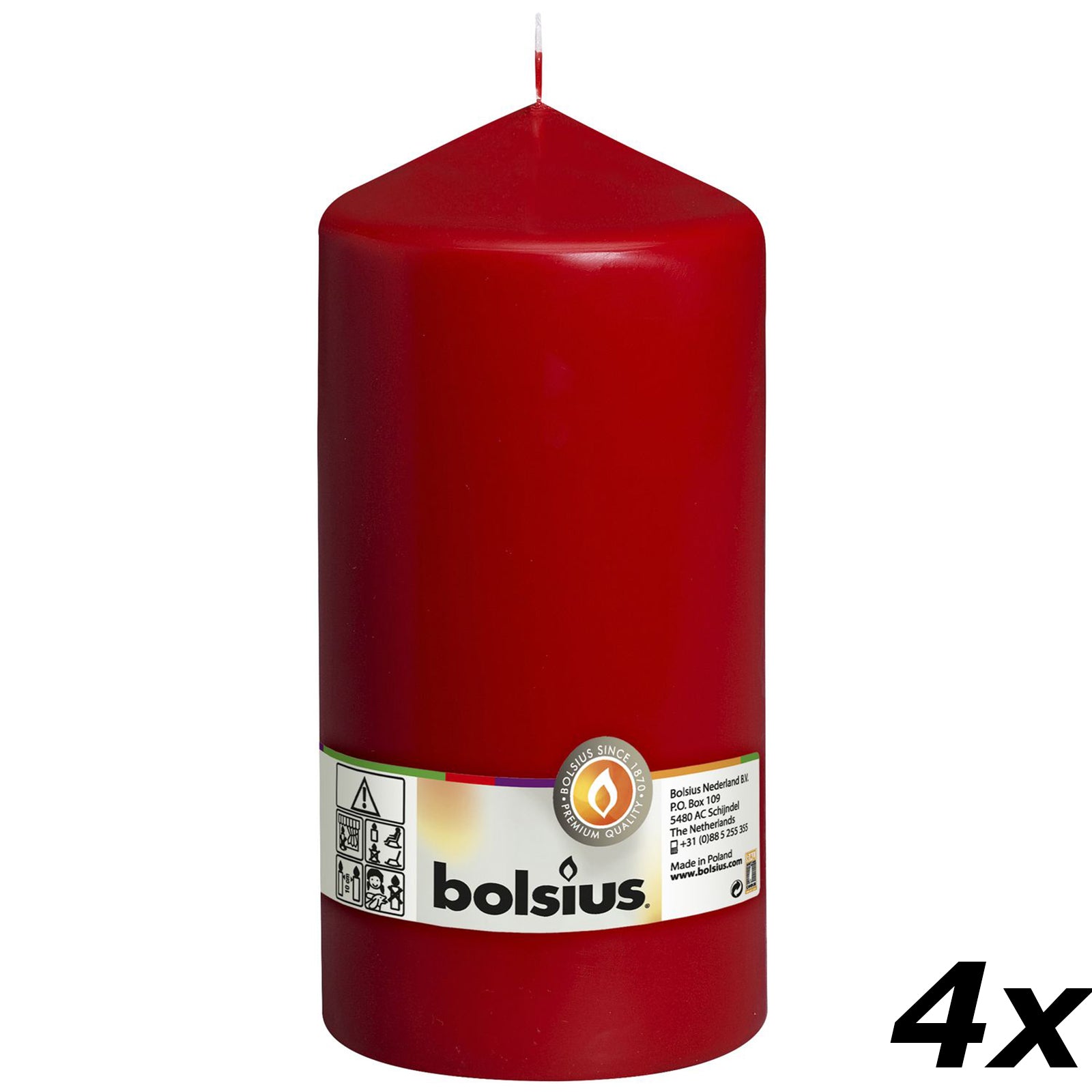 4er-Set Stumpenkerze - Höhe 20 cm - Durchmesser 9,8 cm - Rot