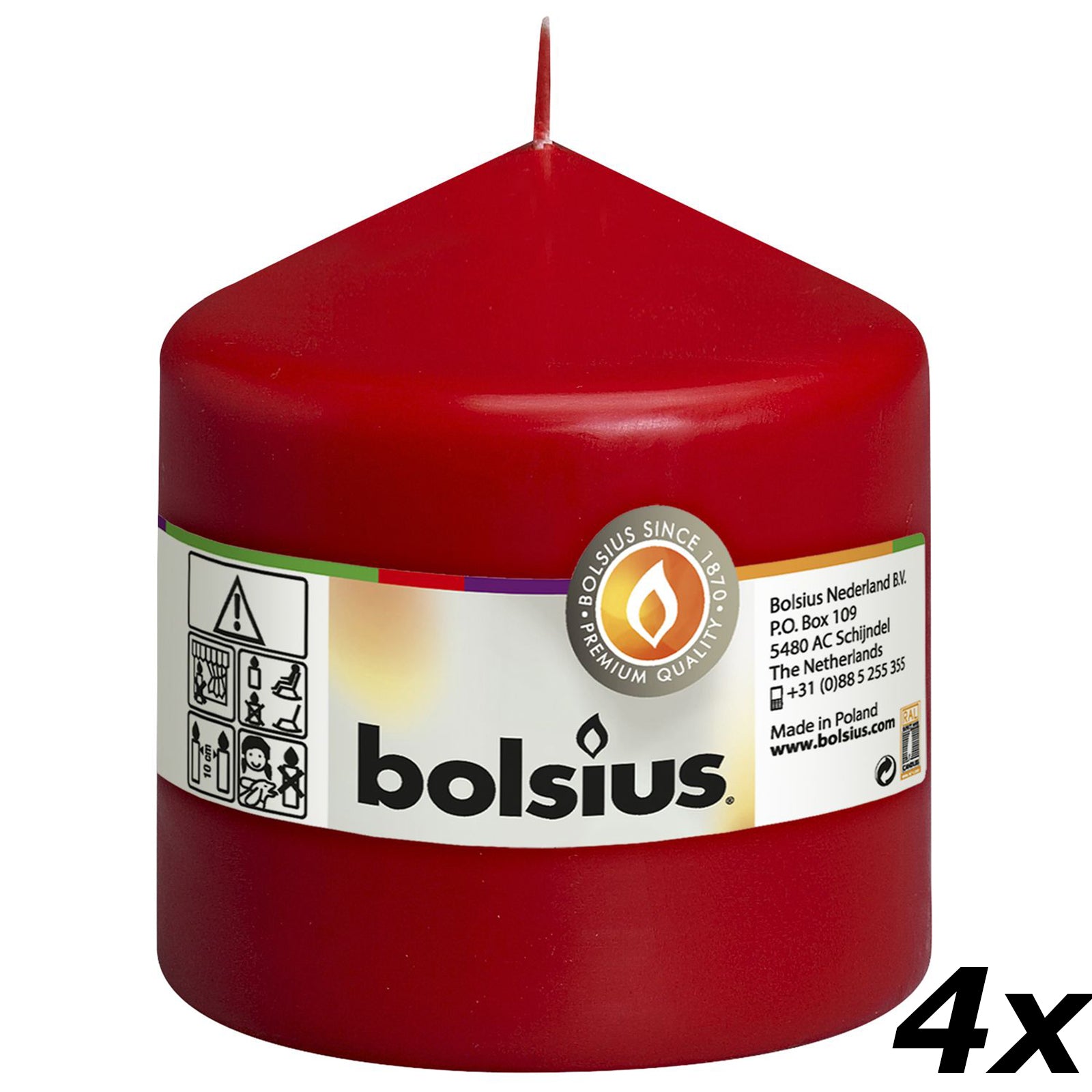 Lot de 4 bougies piliers - Hauteur 10 cm - Diamètre 9,8 cm - Rouge