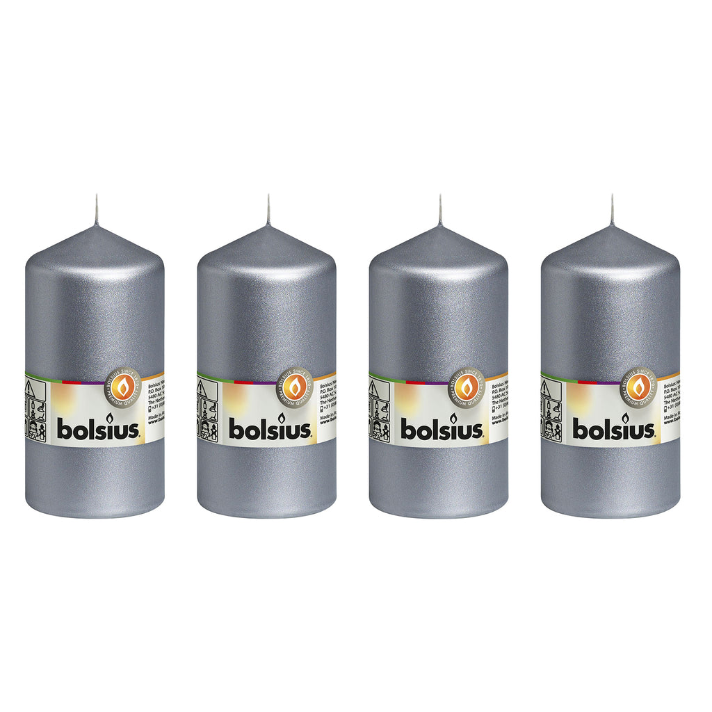 Ensemble de 4 bougies piliers - Hauteur 13 cm - Diamètre 6,8 cm - Argent