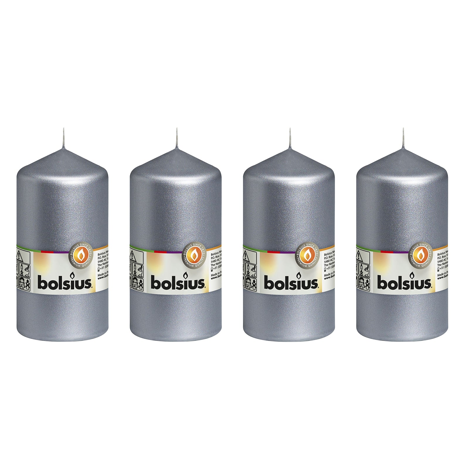 Ensemble de 4 bougies piliers - Hauteur 13 cm - Diamètre 6,8 cm - Argent