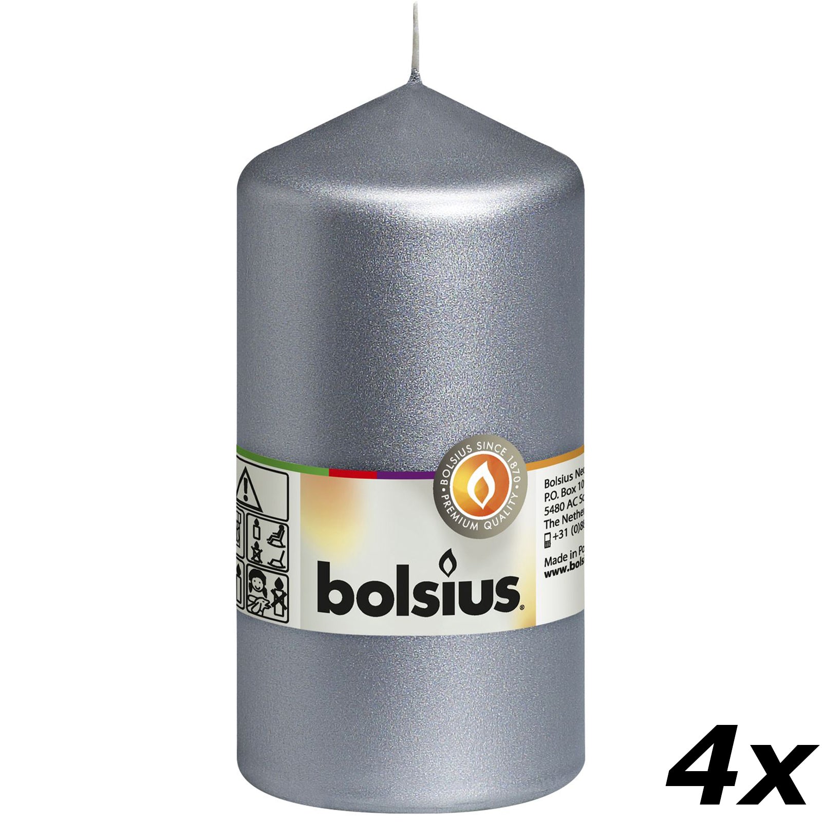 Ensemble de 4 bougies piliers - Hauteur 13 cm - Diamètre 6,8 cm - Argent