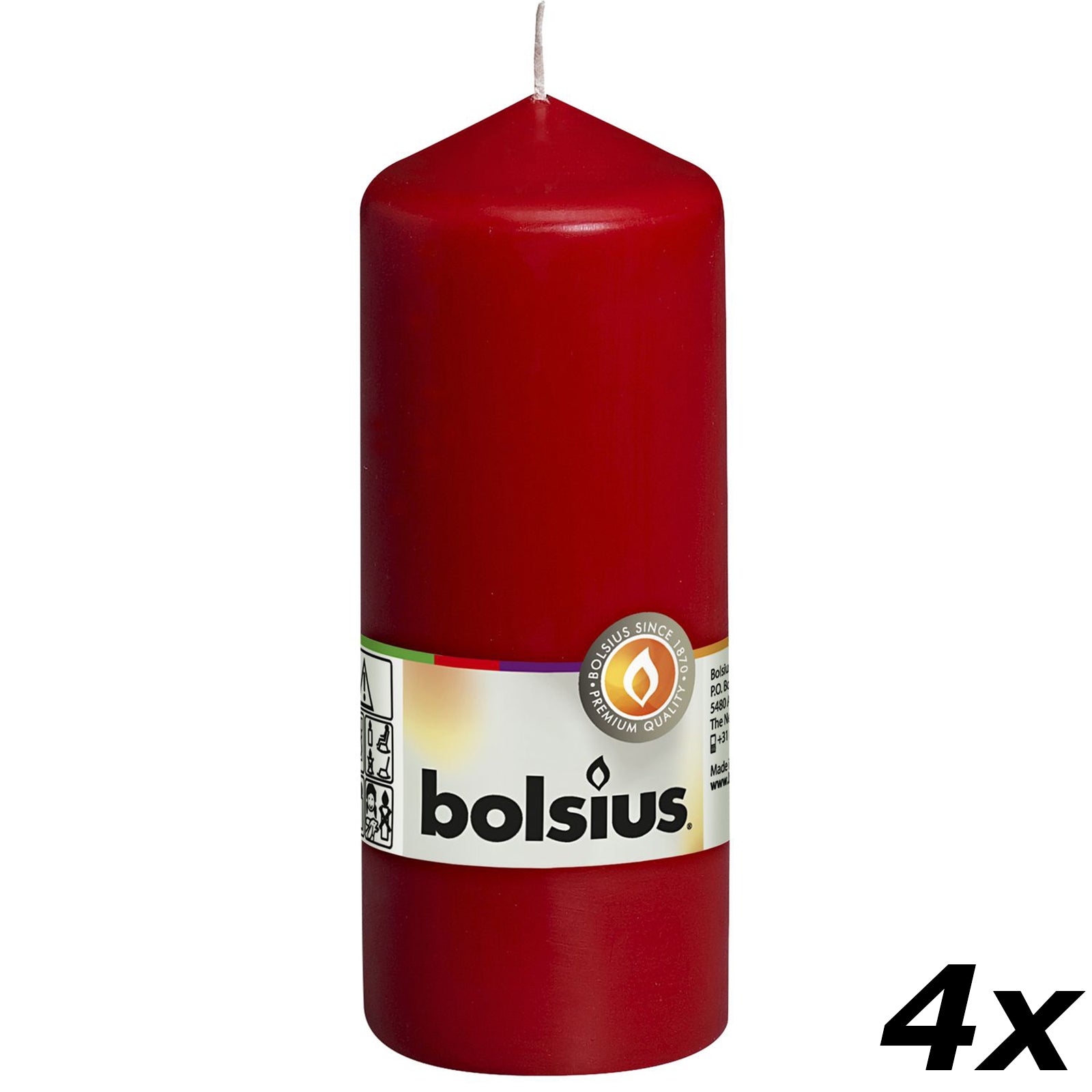 Lot de 4 bougies piliers - Hauteur 15 cm - Diamètre 5,8 cm - Rouge