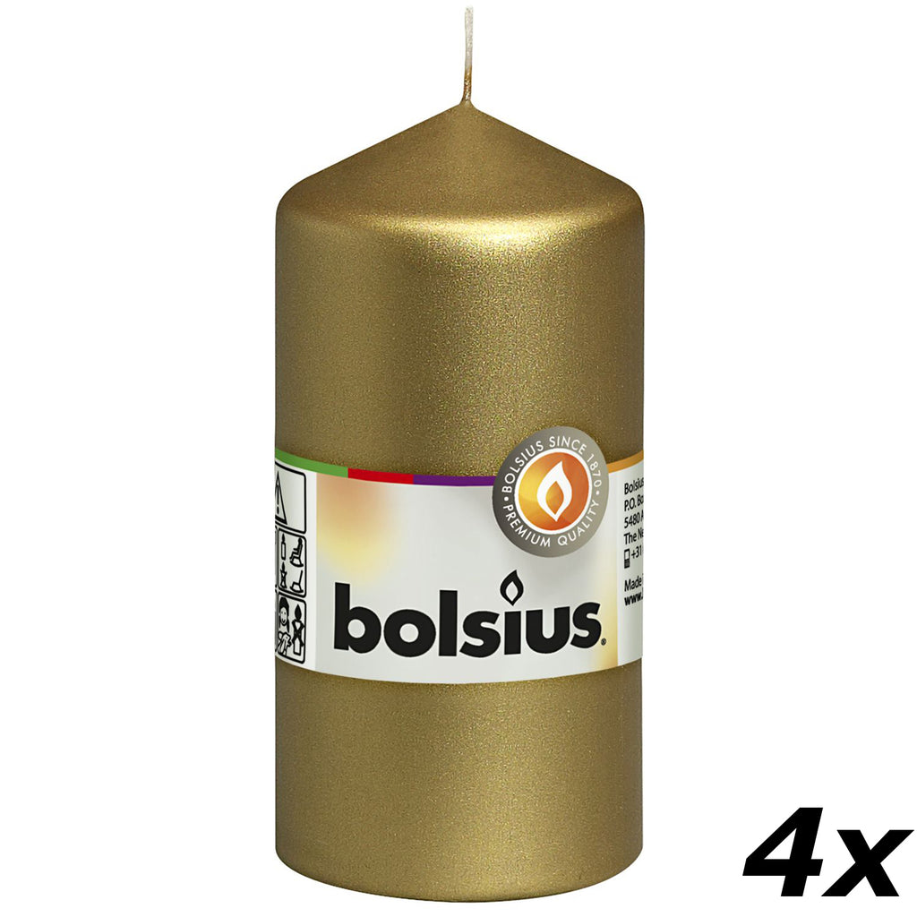 Lot de 4 bougies piliers - Hauteur 12 cm - Diamètre 5,8 cm - Or