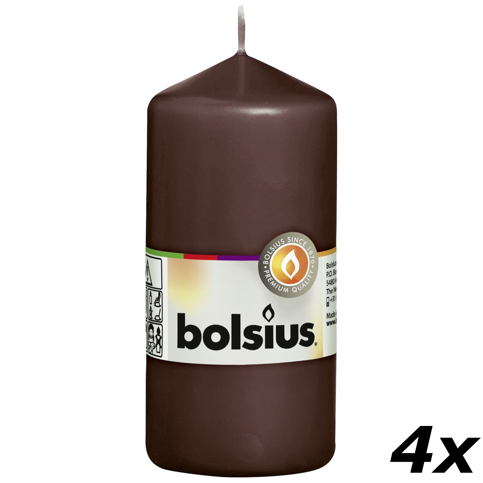Lot de 4 bougies piliers - Hauteur 12 cm - Diamètre 5,8 cm - Brun châtaigne