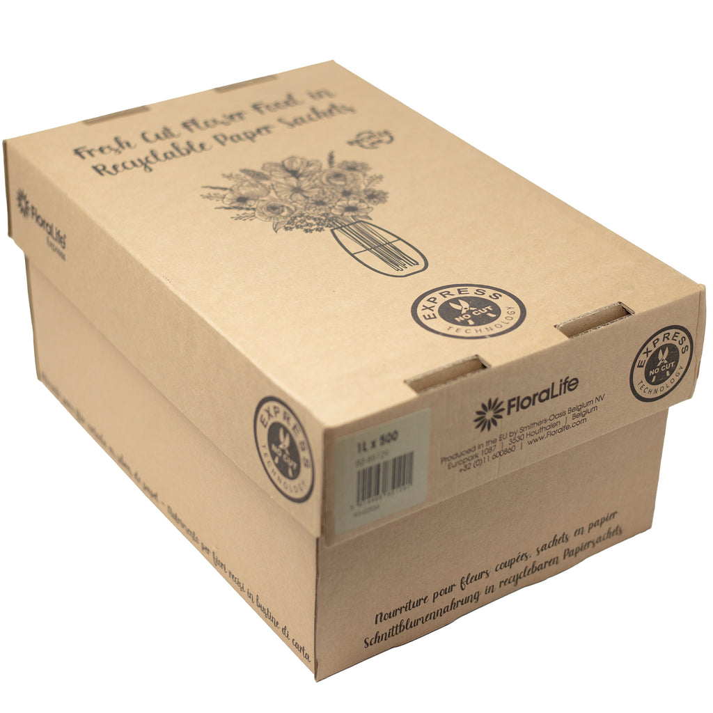 Poudre FloraLife® Express - Sachets en papier pour 1 litre d'eau - Carton de 500 pièces.
