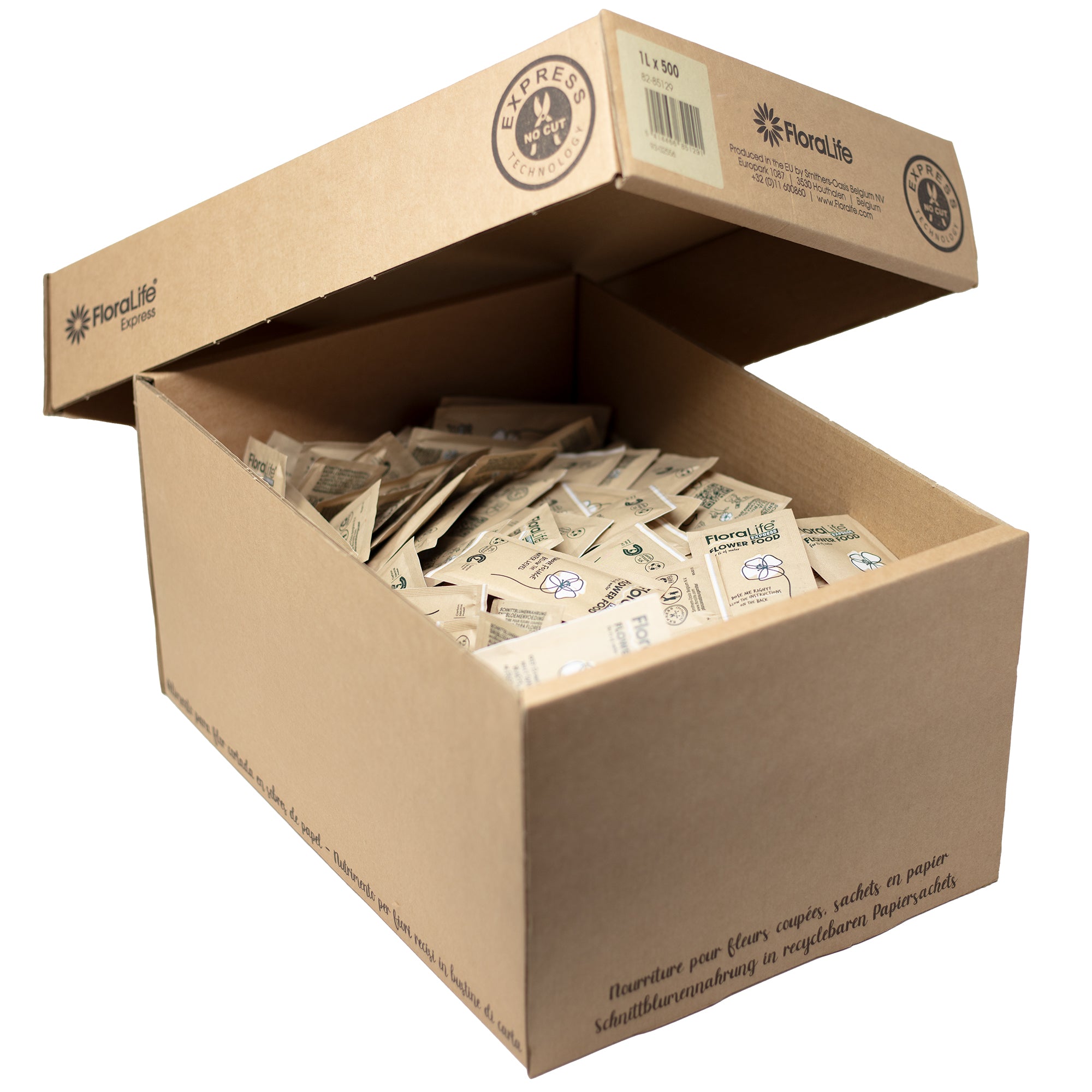 Poudre FloraLife® Express - Sachets en papier pour 1 litre d'eau - Carton de 500 pièces.
