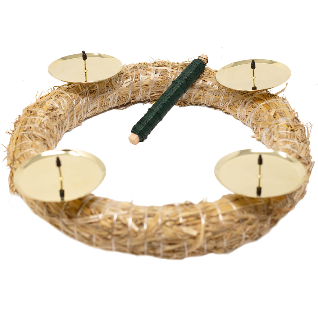 Adventskranz-DIY-Set - Inhalt: 1x Strohkranz 30 cm, 4x Kerzenhalter gold matt 8 cm, 1x Wickeldraht grün 100g