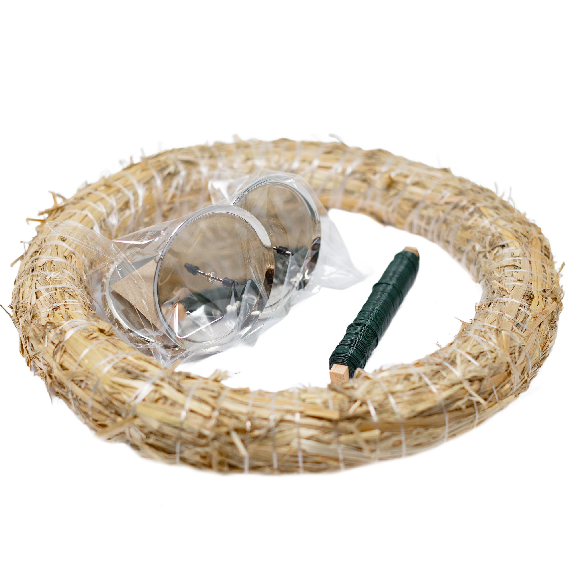 Adventskranz-DIY-Set - Inhalt: 1x Strohkranz 30 cm, 4x Kerzenhalter silber 8 cm, 1x Wickeldraht grün 100g