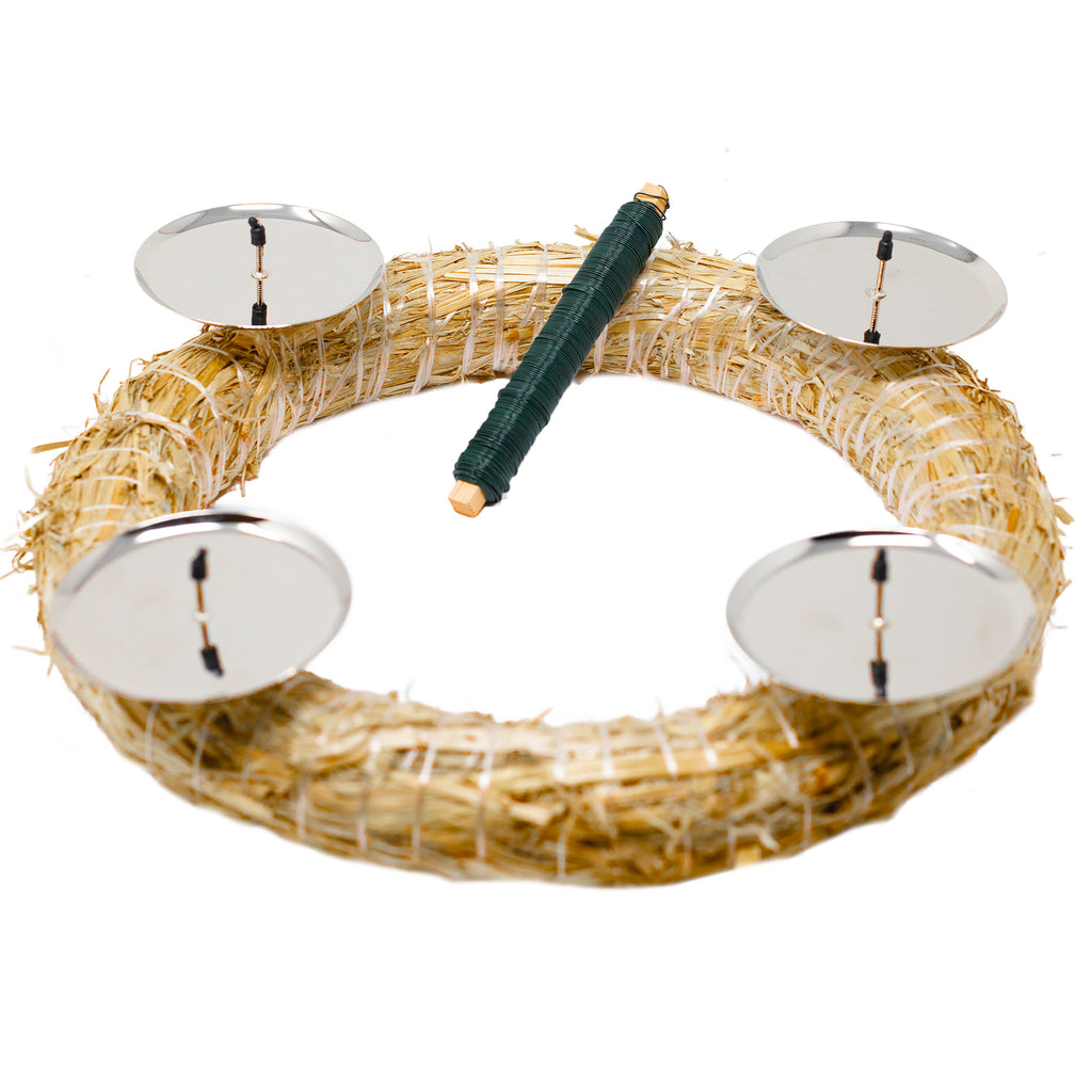 Adventskranz-DIY-Set - Inhalt: 1x Strohkranz 30 cm, 4x Kerzenhalter silber 8 cm, 1x Wickeldraht grün 100g