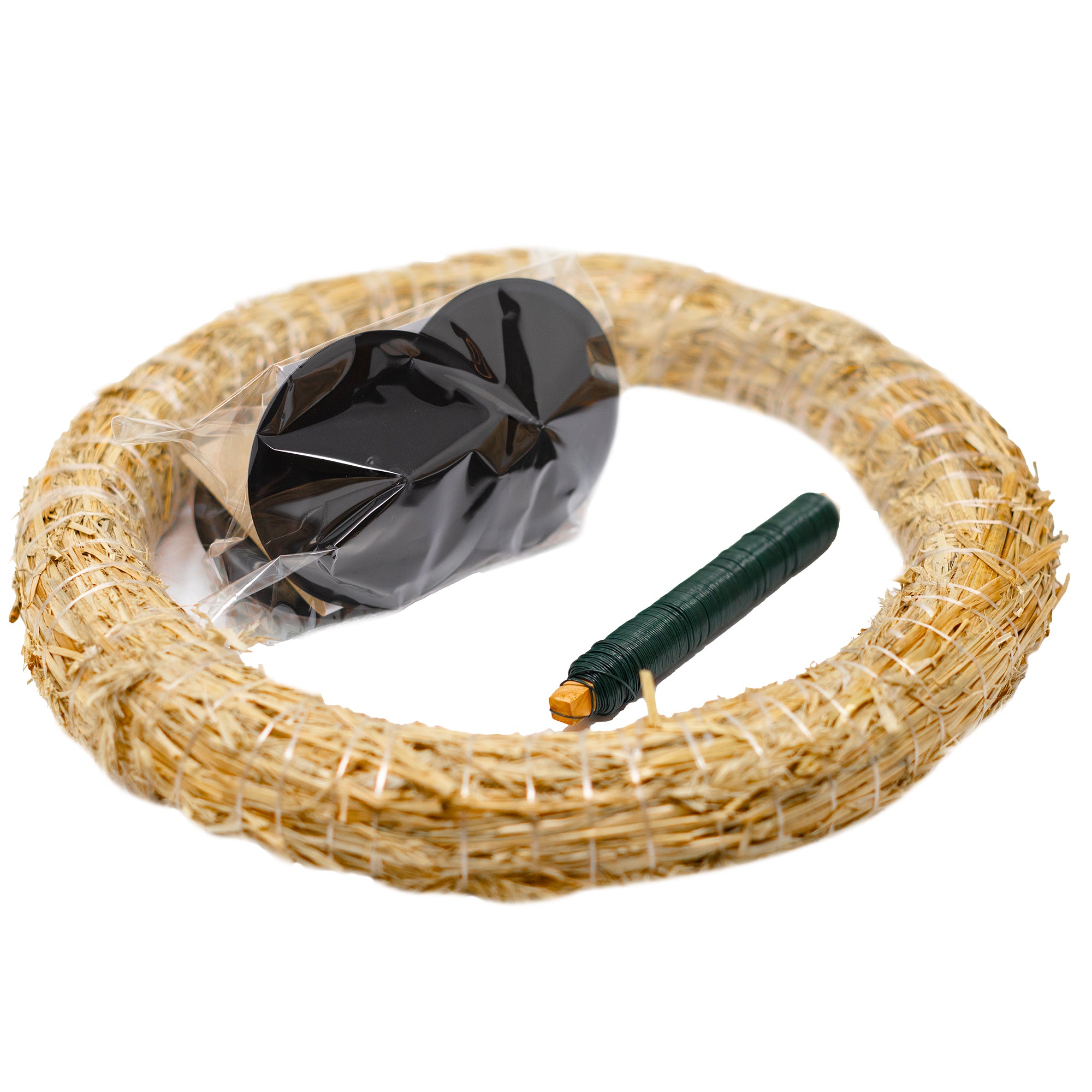 Adventskranz-DIY-Set - Inhalt: 1x Strohkranz 30 cm, 4x Kerzenhalter schwarz matt 8 cm, 1x Wickeldraht grün 100g