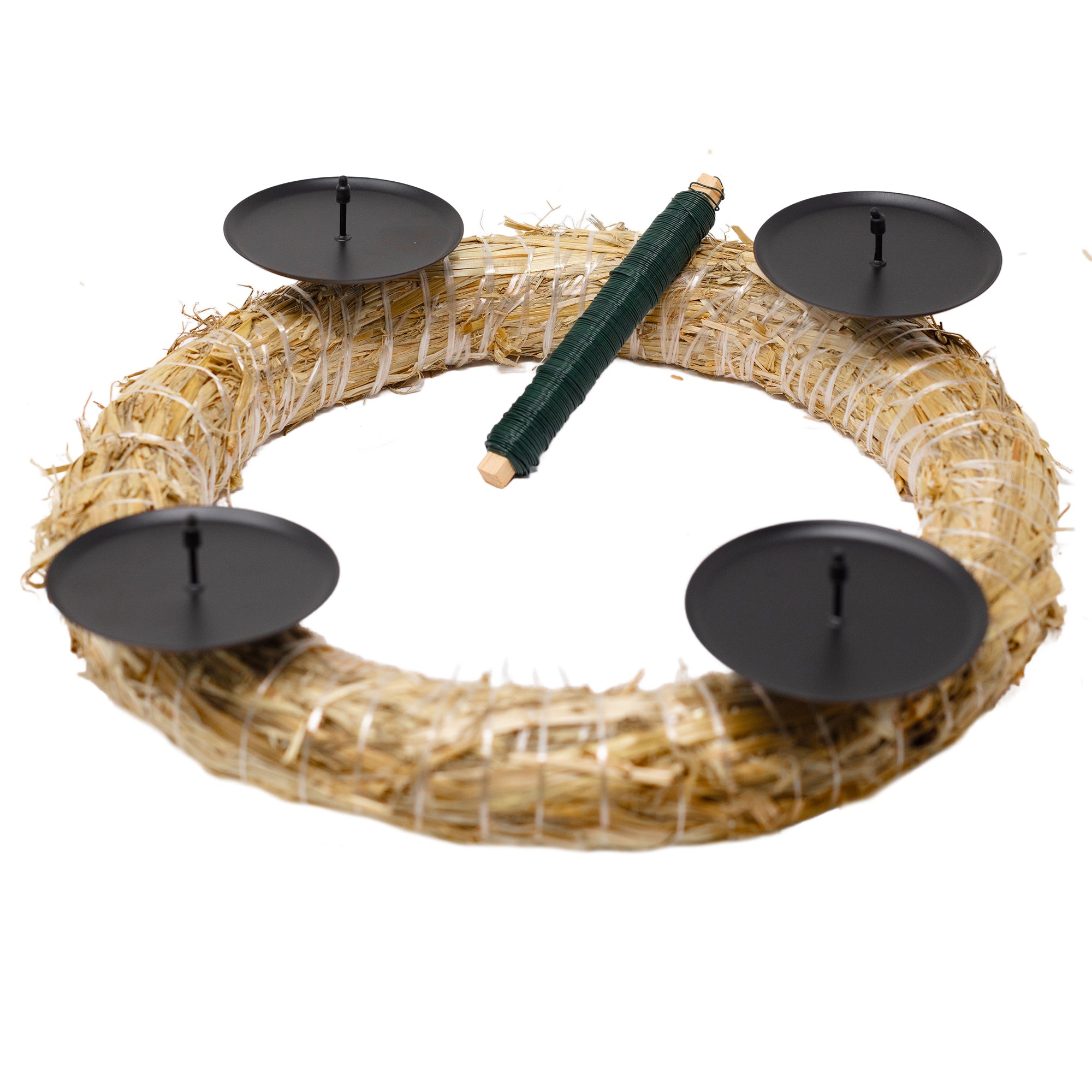 Adventskranz-DIY-Set - Inhalt: 1x Strohkranz 30 cm, 4x Kerzenhalter schwarz matt 8 cm, 1x Wickeldraht grün 100g