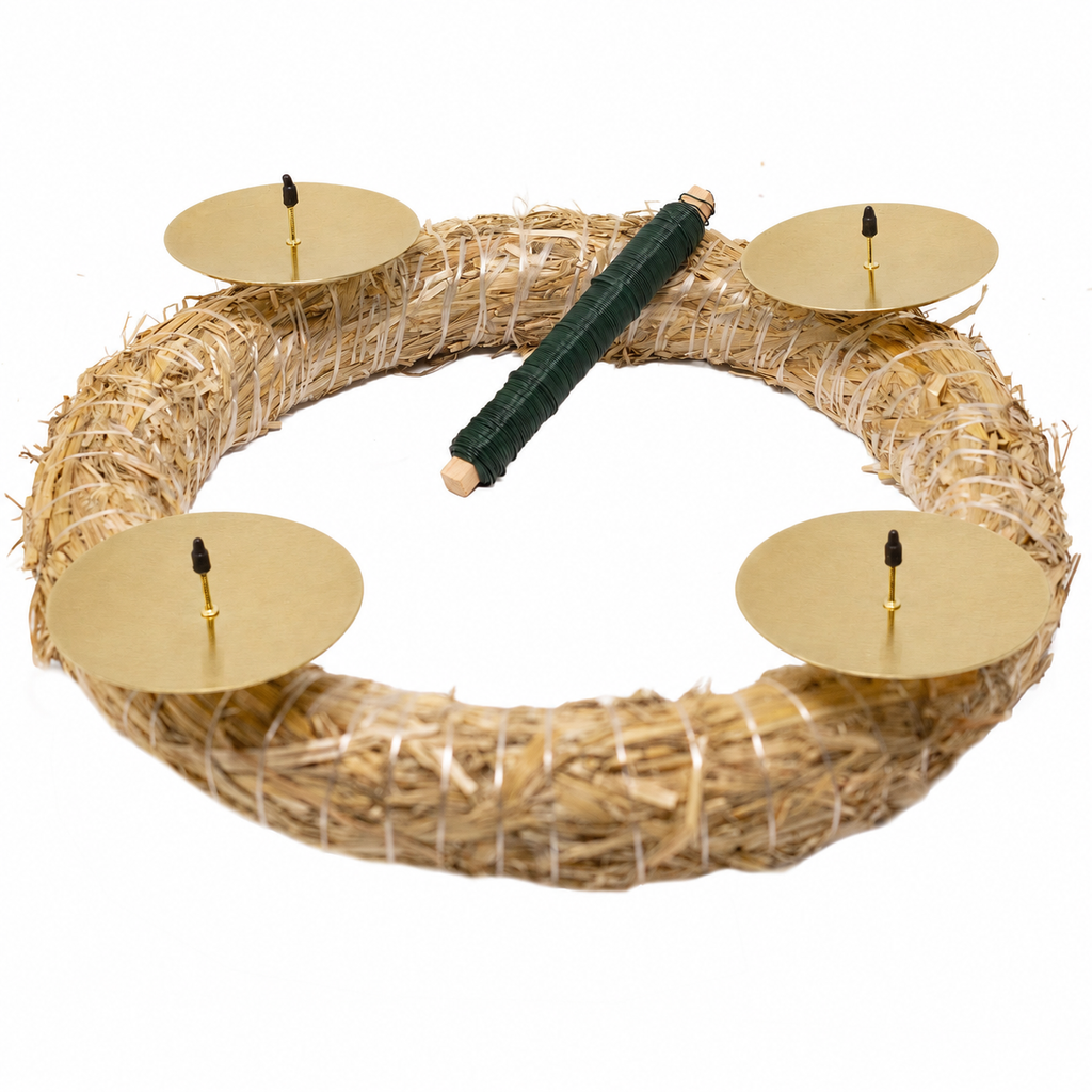 Adventskranz-DIY-Set inkl. Tannengrün - Inhalt: 1x Strohkranz 30 cm, 4x Kerzenhalter gold matt 8 cm, 1x Wickeldraht grün 100g, 1x Tannengrün (ca. 1,5 kg)
