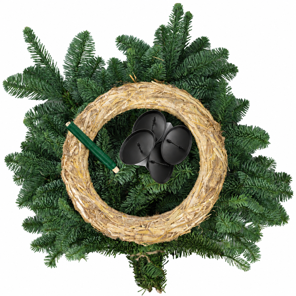 Adventskranz-DIY-Set inkl. Tannengrün - Inhalt: 1x Strohkranz 30 cm, 4x Kerzenhalter schwarz matt 8 cm, 1x Wickeldraht grün 100g, 1x Tannengrün (ca. 1,5 kg)