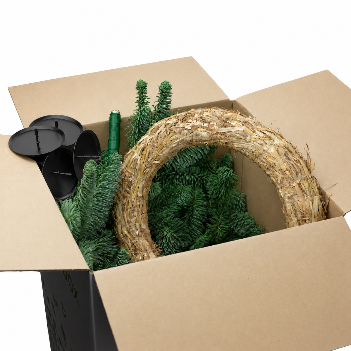 Adventskranz-DIY-Set inkl. Tannengrün - Inhalt: 1x Strohkranz 30 cm, 4x Kerzenhalter schwarz matt 8 cm, 1x Wickeldraht grün 100g, 1x Tannengrün (ca. 1,5 kg)