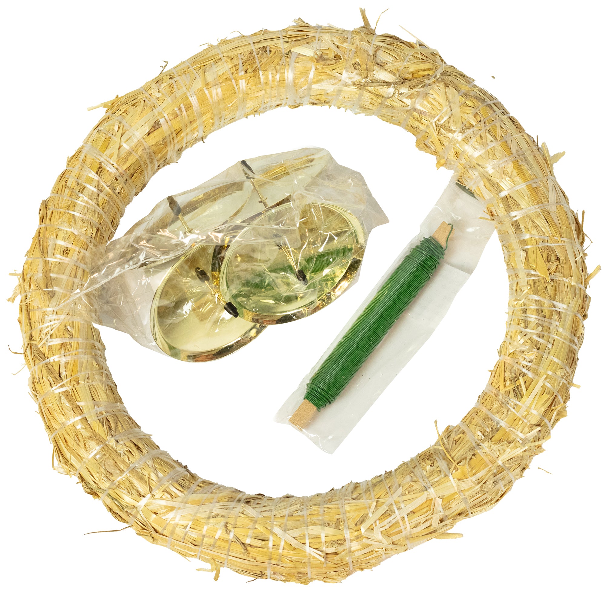 Adventskranz-DIY-Set - Inhalt: 1x Strohkranz 30 cm, 4x Kerzenhalter gold 8 cm, 1x Wickeldraht grün 100g