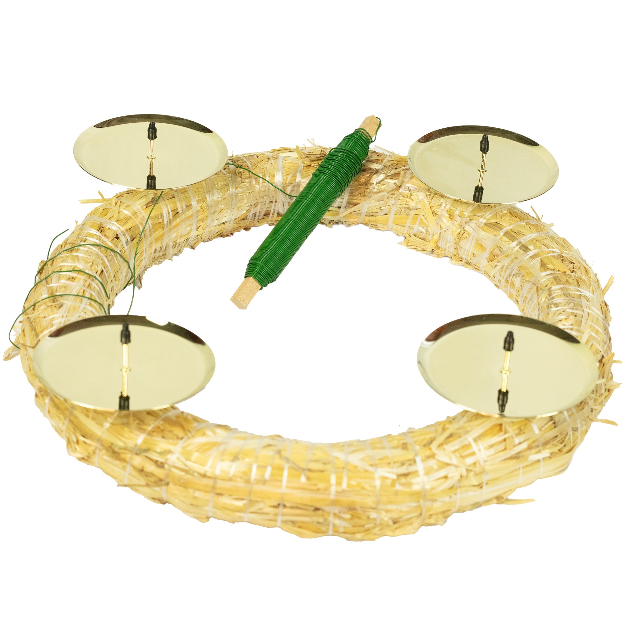 Adventskranz-DIY-Set - Inhalt: 1x Strohkranz 30 cm, 4x Kerzenhalter gold 8 cm, 1x Wickeldraht grün 100g